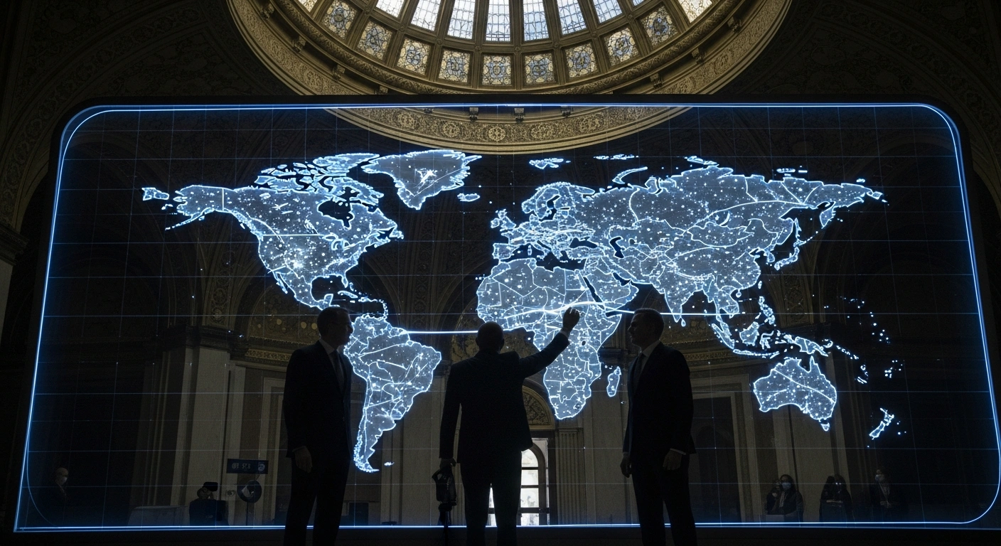 Three silhouetted figures, representing Iran, China, and Russia, stand around a glowing holographic world map in a grand chamber, symbolizing their newly signed comprehensive strategic pact for economic, political, and defense cooperation, aiming for a multipolar world order.