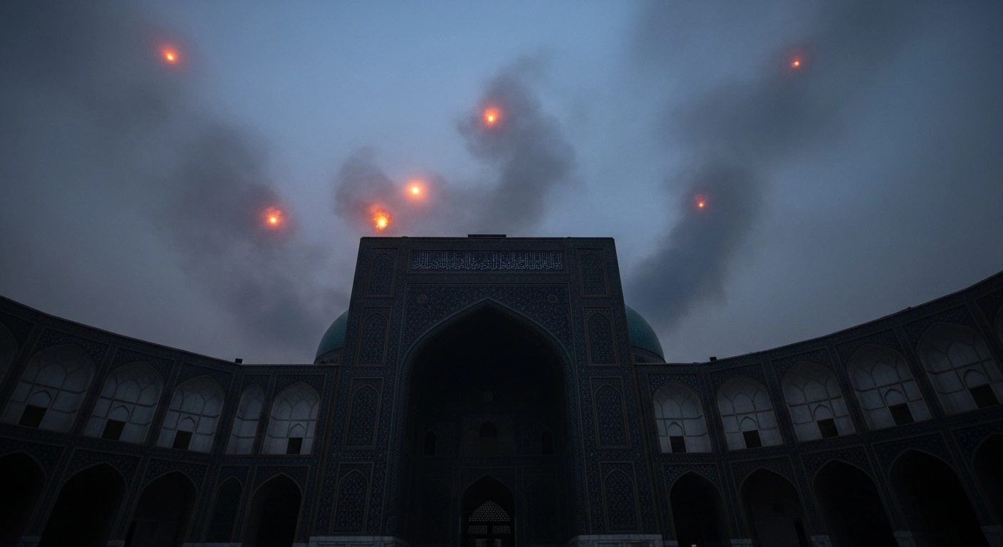 A dramatic view of traditional Iranian architecture silhouetted against a smoky twilight sky following U.S. airstrikes in the region.