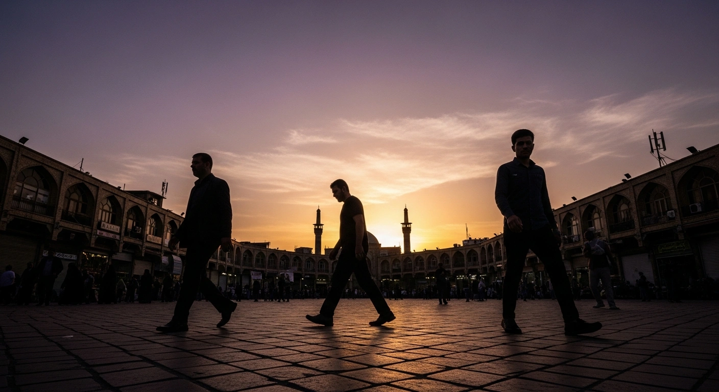 A wide, low-angle shot captures an Iranian city street at twilight, depicting a desolate market square with weary figures and a distant gathering of people, reflecting the severe economic crisis and widespread anti-government protests in Iran.