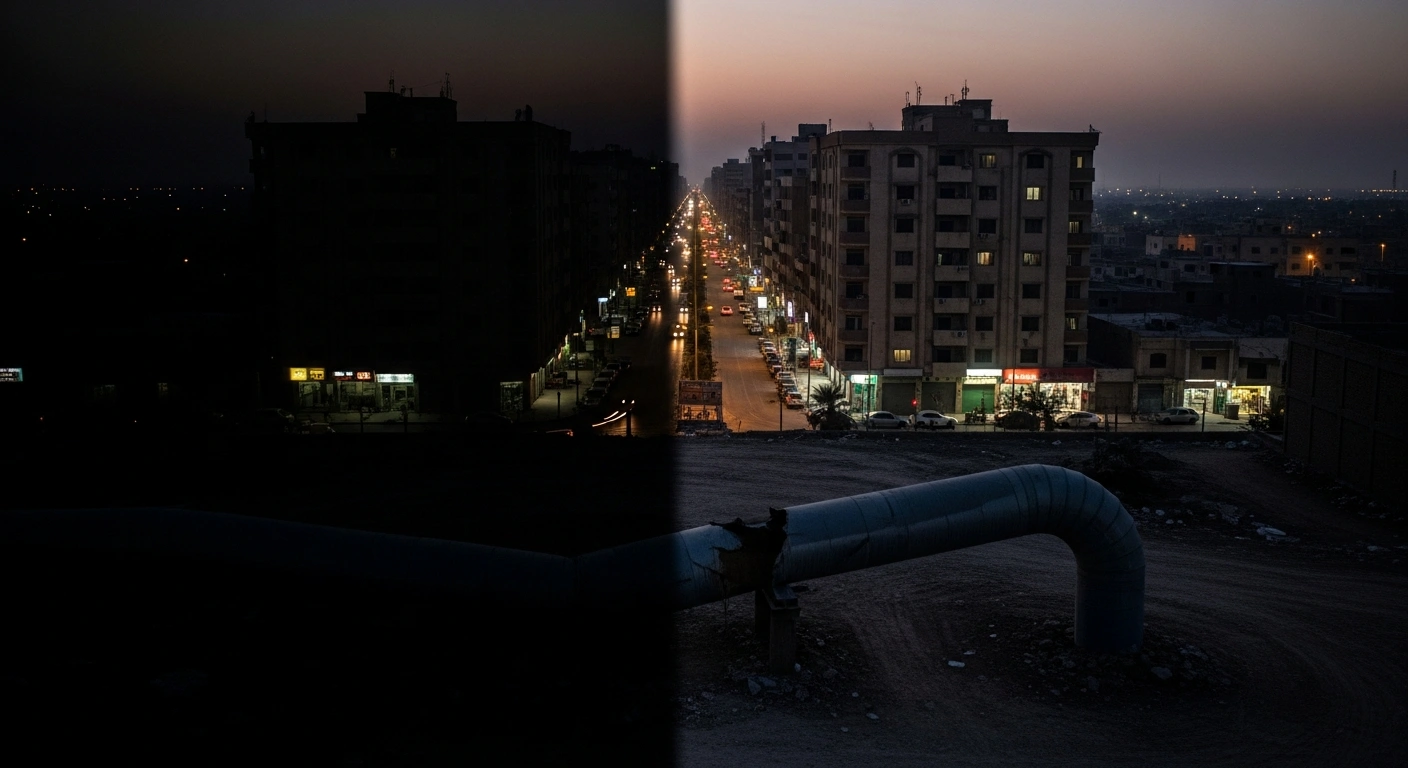A wide, low-angle shot of a sprawling Iraqi city at twilight, with the left side of the frame in deep shadow due to power outages, contrasting with the sparsely lit right side, and a symbolic, partially severed industrial gas pipeline silhouetted in the foreground, representing Iran's halt of gas supplies to Iraq.
