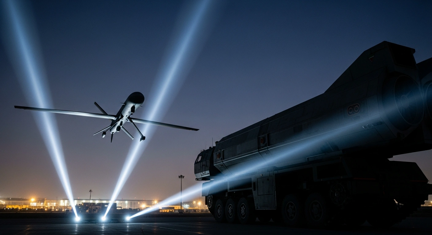 A dramatically lit, advanced Iranian missile system or drone is depicted at twilight, symbolizing Iran's substantial improvement in defense production, including missile technology and drone capabilities, as announced by Brigadier General Aziz Nasirzadeh.