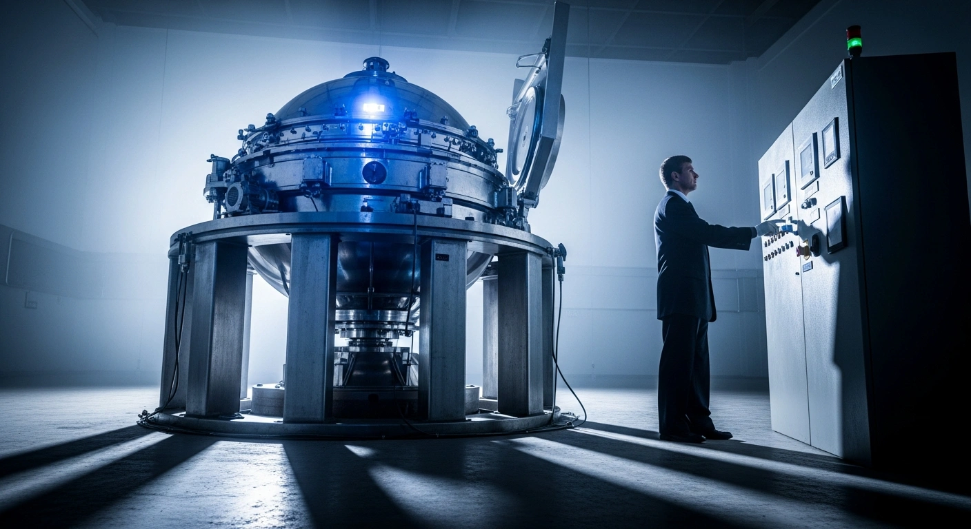 A dramatic, low-angle image depicts a gleaming metallic centrifuge, illuminated by cool blue light, with long shadows symbolizing international sanctions, and a gloved hand poised near a control panel, representing Iran's potential action to dilute its 60% enriched uranium stockpile if sanctions are lifted, amidst ongoing nuclear program concerns.