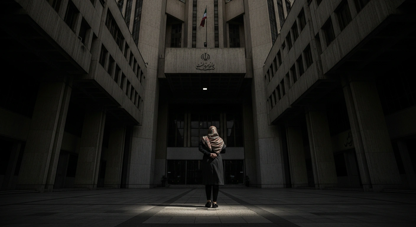 A low-angle wide shot depicts a lone woman with a slightly loosened headscarf walking away from the camera on a stark pavement, overshadowed by the brutalist architecture of a dark government building in Tehran, illuminated by a harsh artificial light, symbolizing the Iranian regime's escalating crackdown on dissent despite superficial changes.