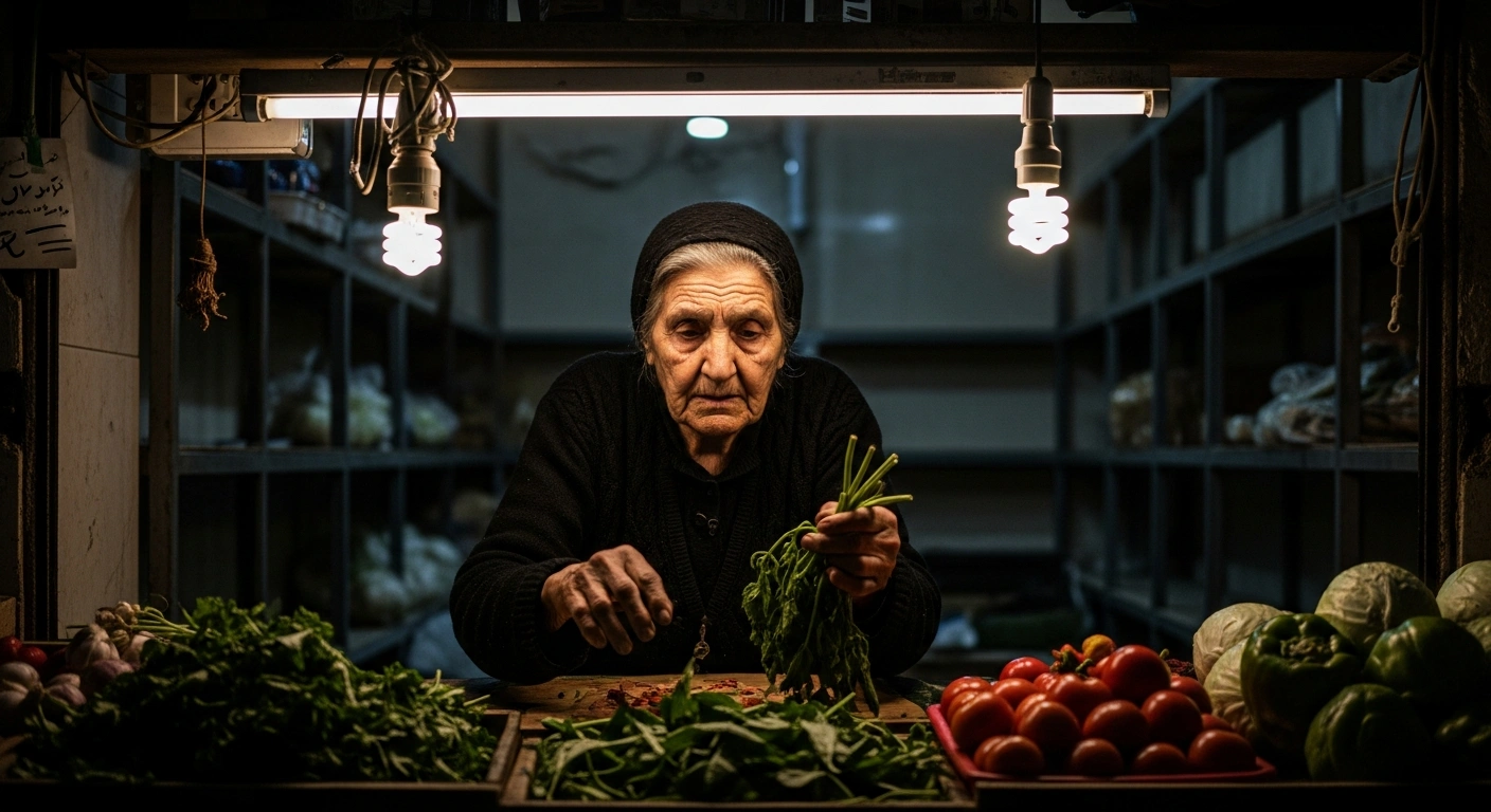 An elderly Iranian woman stands in a dimly lit, sparsely stocked market stall, her face showing weariness as she looks at a few exorbitantly priced vegetables, illustrating the severe economic crisis, soaring food prices, and widespread hardship affecting millions in Iran due to inflation and the devaluation of the rial.