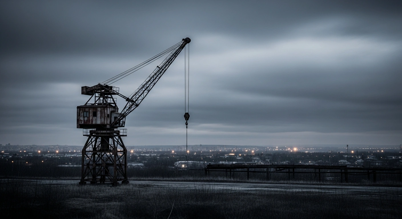 A desolate industrial landscape featuring an inactive crane represents the economic stagnation and lack of growth in Iran during 1404 due to sanctions and regional conflict.