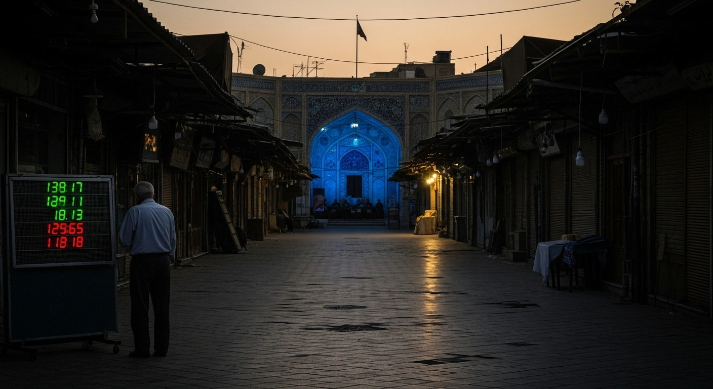 A desolate, dust-swept street in Tehran at dusk, showing empty market stalls and an elderly figure gazing at a broken electronic display, symbolizing Iran's economic challenges and currency depreciation amidst the UN Security Council's rejection of US sanctions in August 2020.