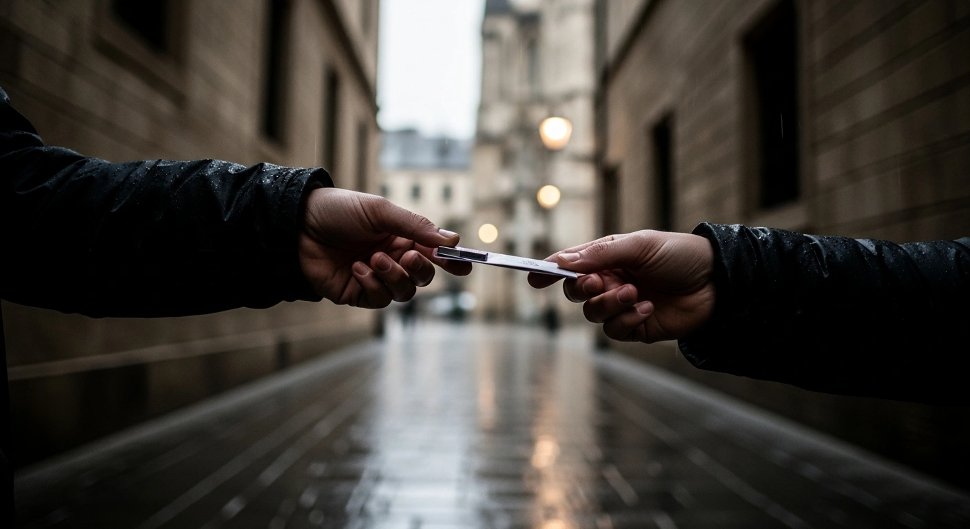 A close-up shot of a hand subtly passing a small, nondescript item to another hand in a dimly lit, rain-slicked European alleyway, symbolizing potential Iranian retaliatory measures and sleeper cell activity in Europe amidst escalating regional tensions.