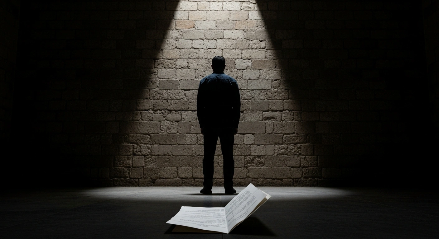 A solitary figure stands silhouetted against a stark, dimly lit stone wall in a prison-like setting, with a crumpled document at their feet, symbolizing the execution of Hamidreza Sabet Esmailipour by Iran's judiciary for espionage and cooperation with Israel's Mossad, involving classified documents and alleged sabotage.