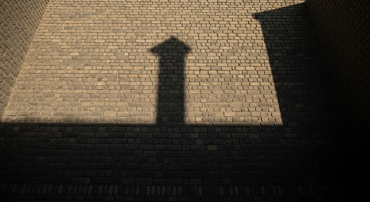 A low-angle view of a weathered, ancient Iranian prison wall at pre-dawn, with a stark shadow cast across its stone facade, representing the somber reality of increased capital punishments in Iran, including the execution of individuals accused of spying.