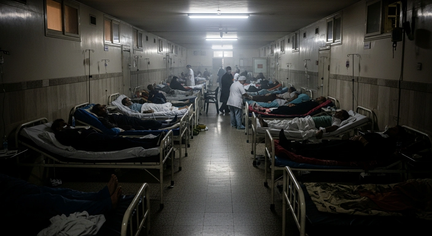 A dimly lit, overcrowded hospital corridor in Iran shows numerous patients in makeshift beds and exhausted medical staff, visually representing the severe H3N2 influenza outbreak straining hospitals and affecting vulnerable individuals amidst severe air pollution.