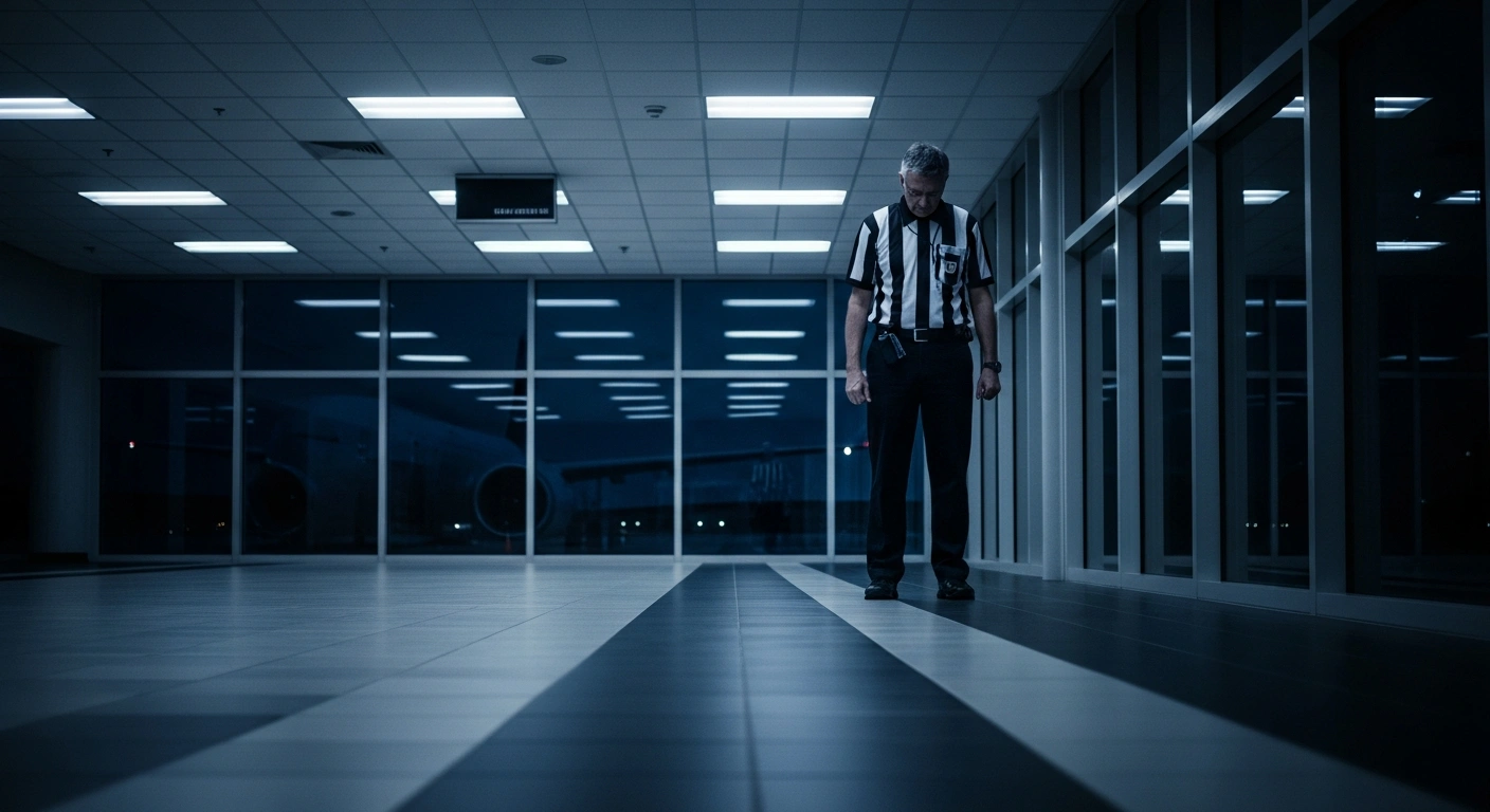 A dejected football official stands in a sterile airport corridor after the United States denied visas to members of the Iranian delegation for the World Cup.