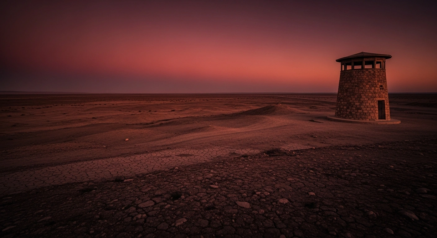 A desolate desert landscape at twilight represents the Iranian Foreign Ministry warning neighboring countries against allowing hostile actions from their territory.