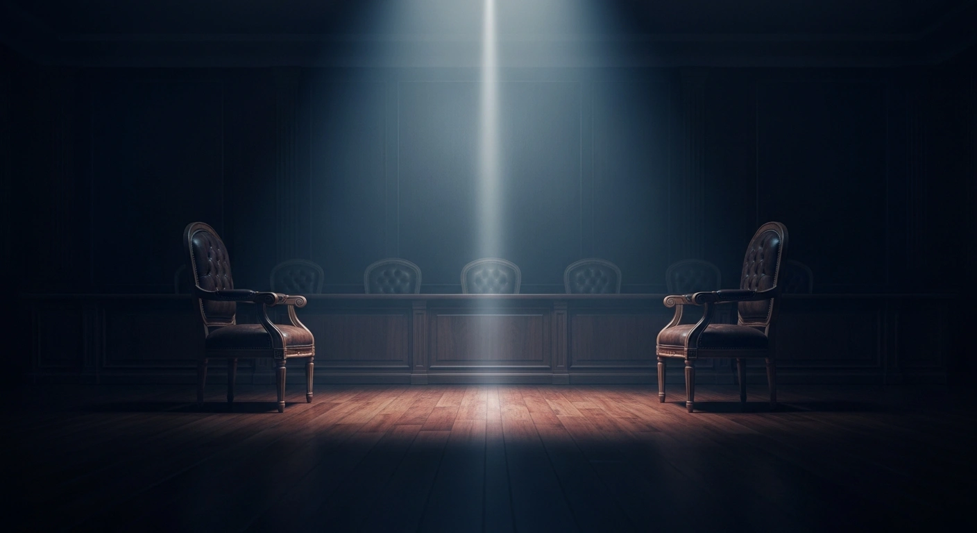 Two empty chairs in a dimly lit boardroom represent the diplomatic tension between Iranian Foreign Minister Abbas Araghchi and French President Emmanuel Macron.