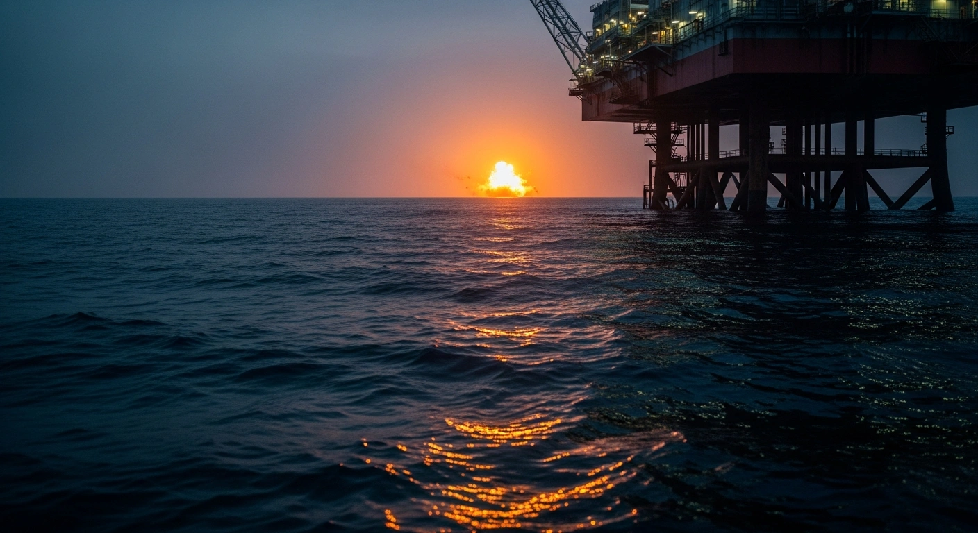A massive offshore gas platform in the Persian Gulf is silhouetted against a fiery explosion on the horizon following an Israeli strike on Iranian energy infrastructure.