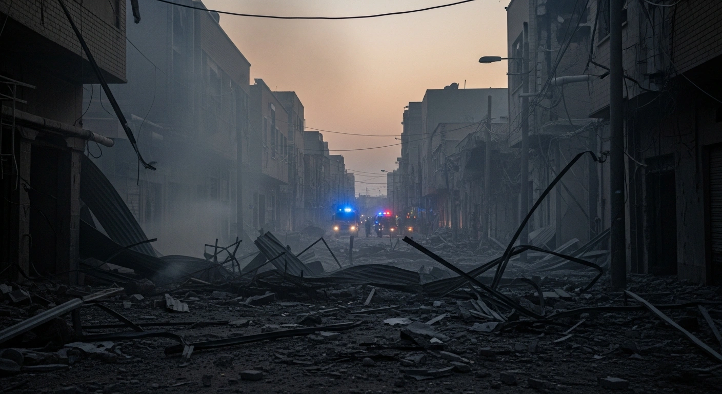 A wide, low-angle shot depicts the debris-strewn aftermath of an explosion in a southern Iranian city, with hazy smoke and distant emergency lights, representing the gas leak incidents in Bandar Abbas and Ahvaz on January 31, 2026, that caused five fatalities and 14 injuries.