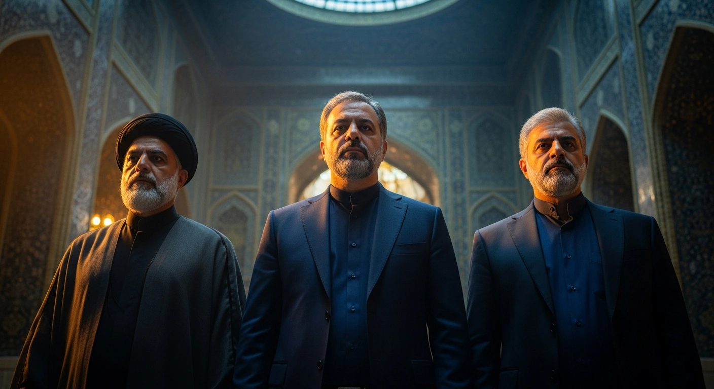 The heads of Iran's three branches of government stand together in a formal setting to demonstrate political unity and commitment to state policy.