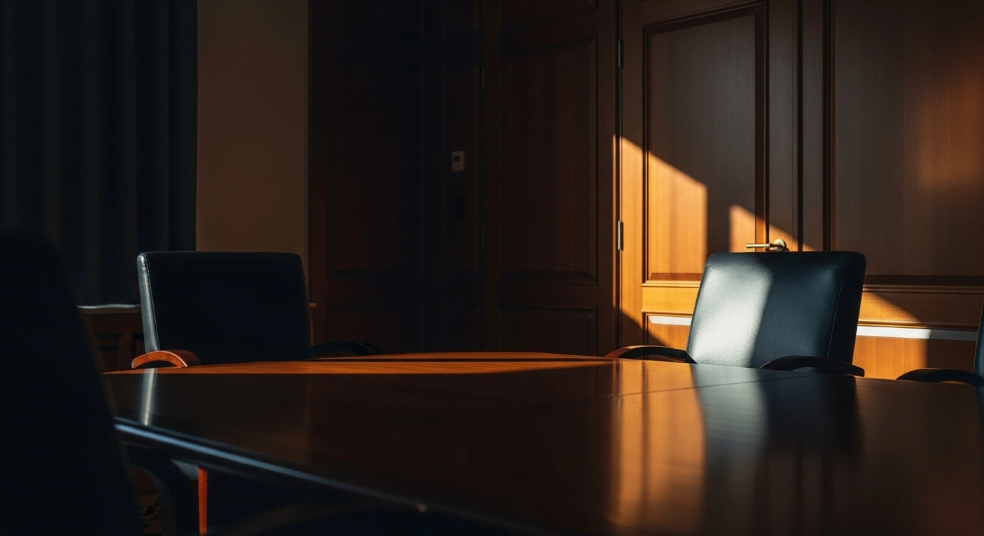 An empty, dimly lit diplomatic office represents the ongoing communication between Iranian officials and Hezbollah during regional ceasefire negotiations.
