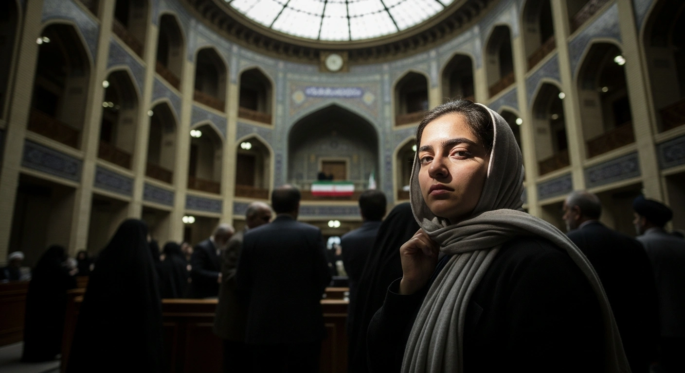 A young Iranian woman with a subtly slipping headscarf stands defiantly in a dimly lit government hall, symbolizing cultural dissent against hijab enforcement, with blurred figures of stern officials silhouetted in the background.