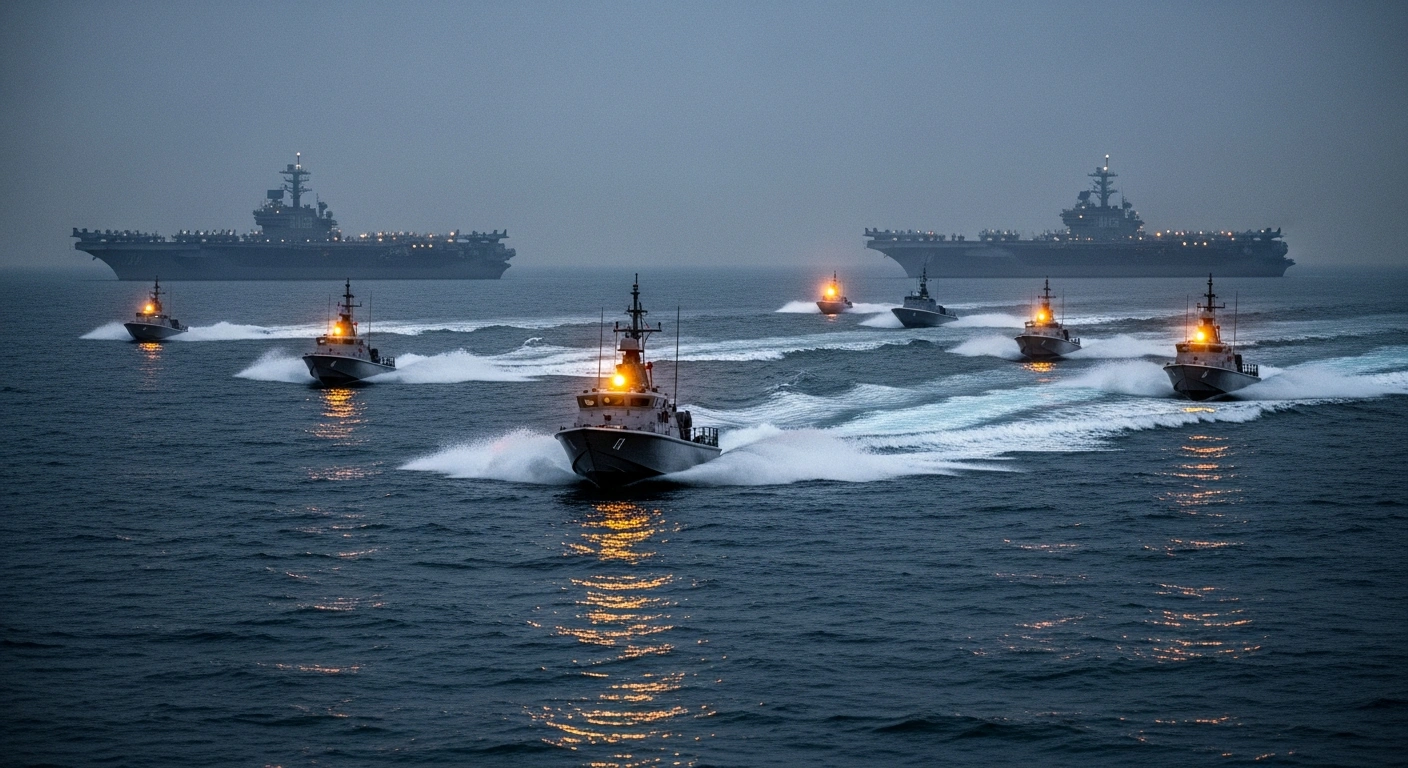 Iranian Revolutionary Guard speedboats conduct naval drills in the strategic Strait of Hormuz, while in the distant background, two United States aircraft carrier strike groups are visibly deployed, illustrating the concurrent regional military tensions and nuclear negotiations.
