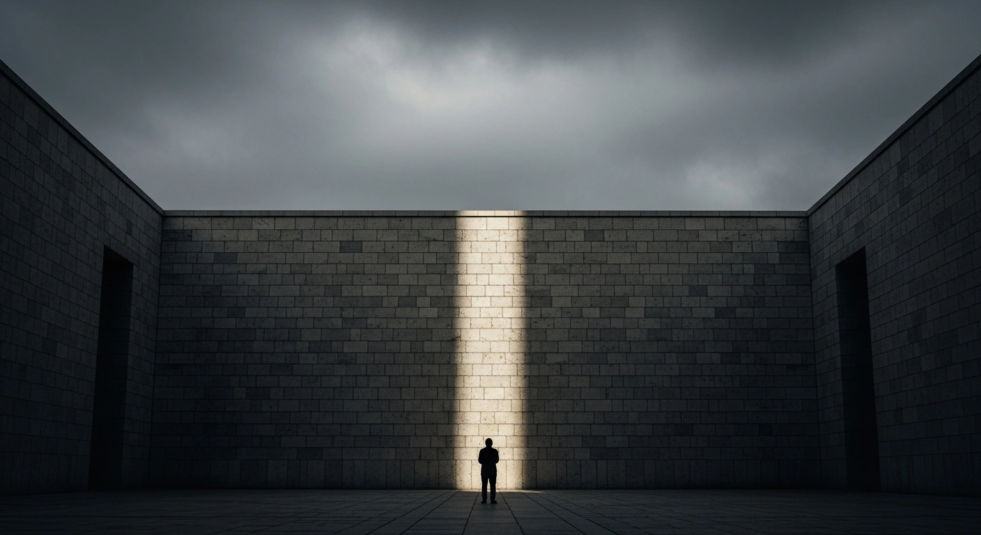 A lone silhouette stands before a massive stone wall, representing the human rights concerns regarding increased arrests and executions in Iran.