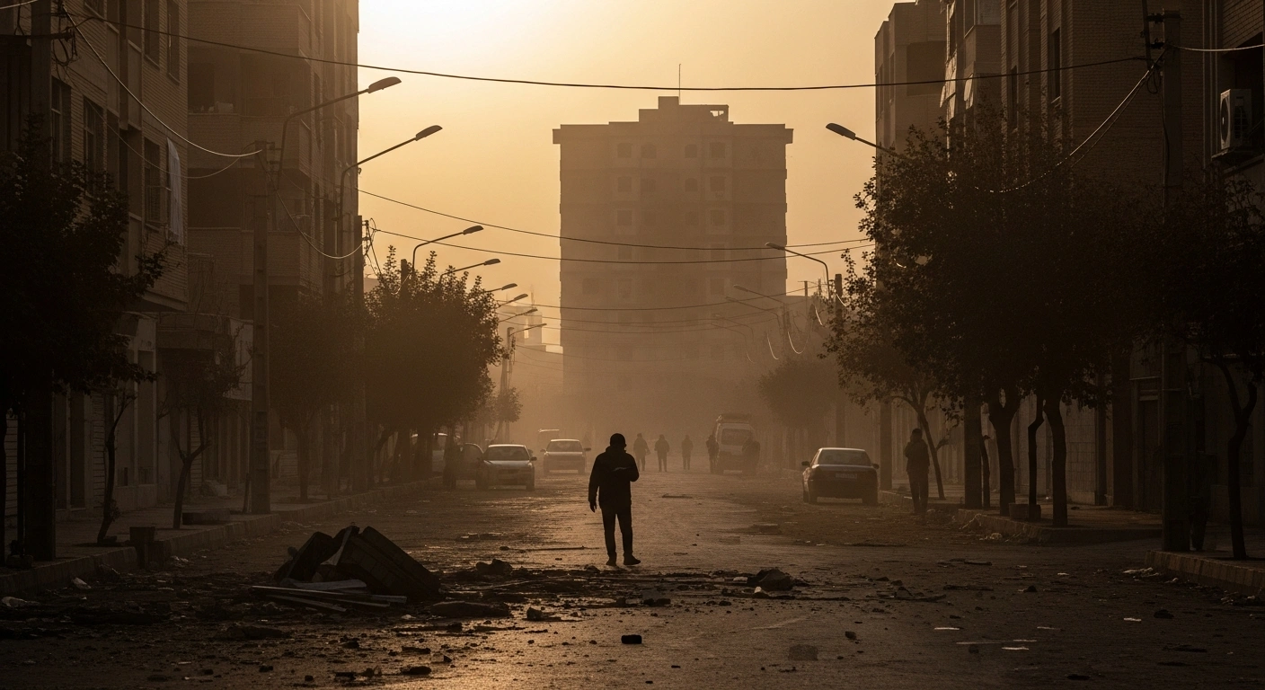 A desolate street in Ilam Province at dusk, showing scattered debris and a damaged building, representing the aftermath of incidents that prompted Iran's President Masoud Pezeshkian to order an investigation into security forces' actions against civilians and a hospital.