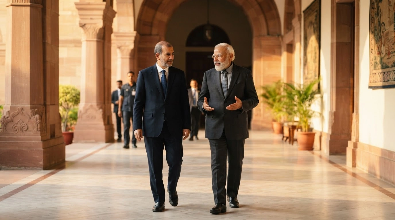 Iranian President Masoud Pezeshkian walks with Indian leadership during a high-level diplomatic visit to New Delhi for the BRICS summit.