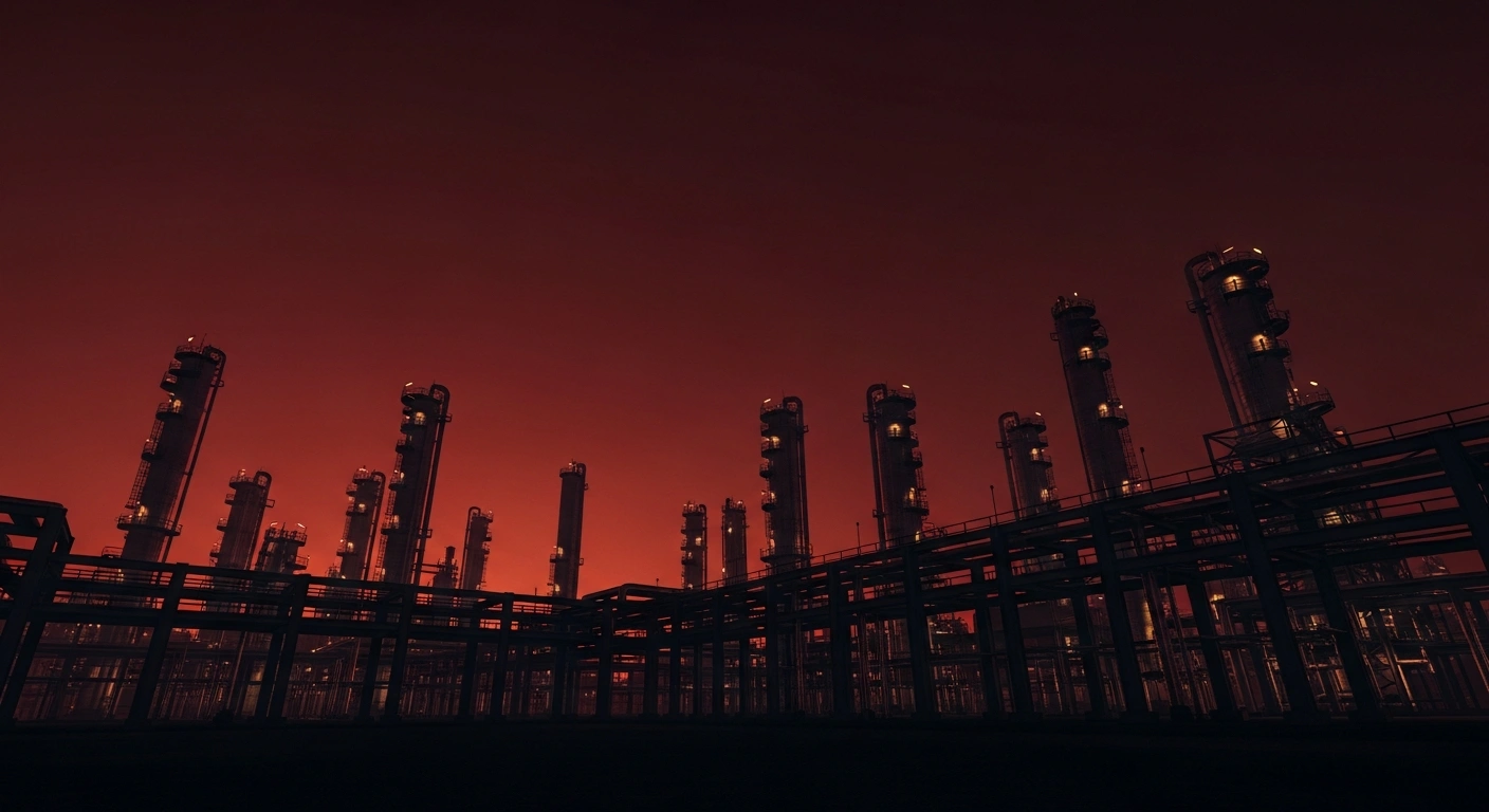 An industrial oil refinery stands under a dark, ominous sky as tensions rise regarding the protection of Iranian infrastructure.