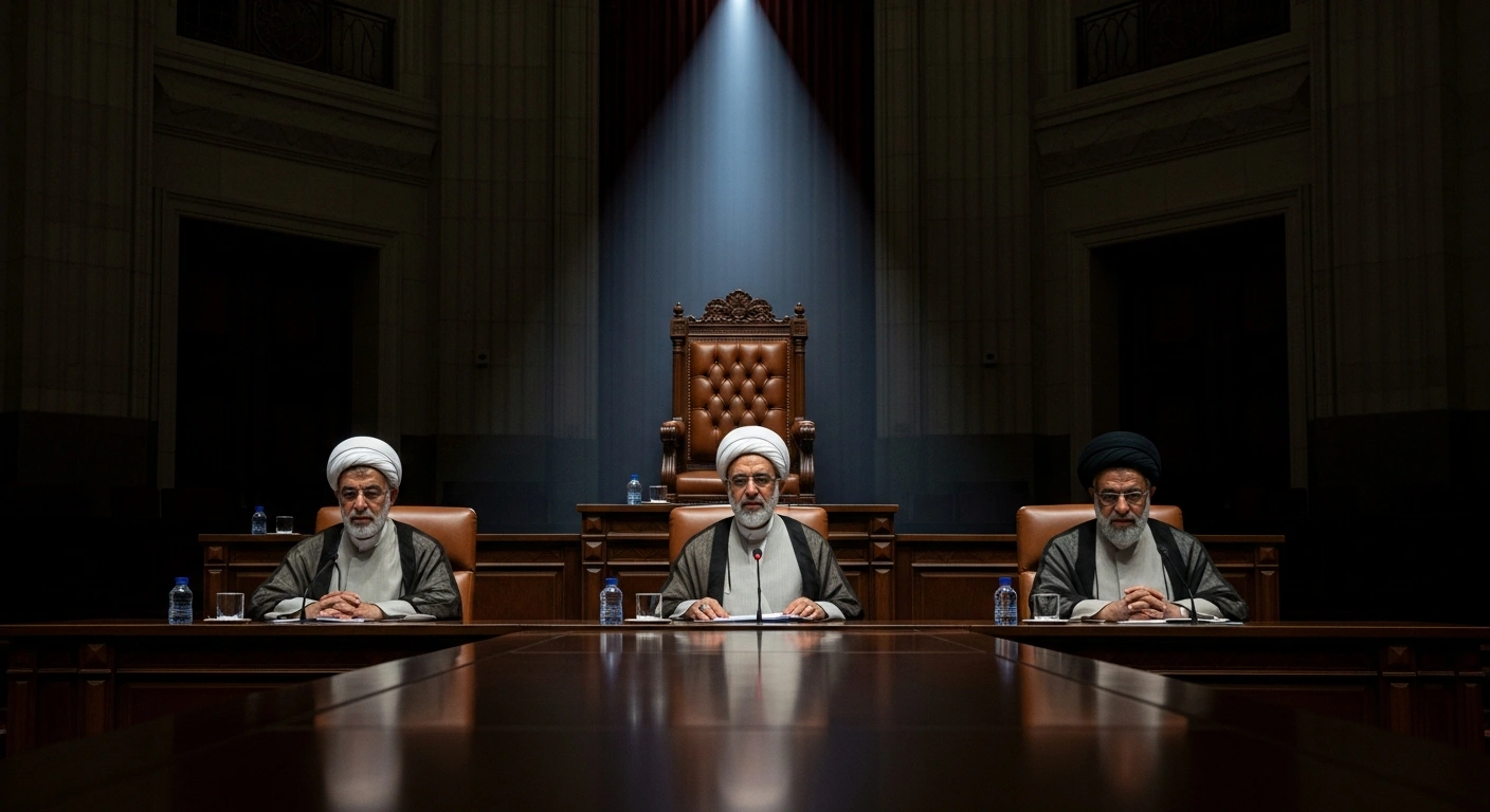 Three Iranian leaders, President Masoud Pezeshkian, Judiciary Chief Gholam-Hossein Mohseni Eje'i, and Ayatollah Alireza Arafi, are depicted in a dimly lit council chamber, representing the interim leadership council established after the assassination of Supreme Leader Ali Khamenei.
