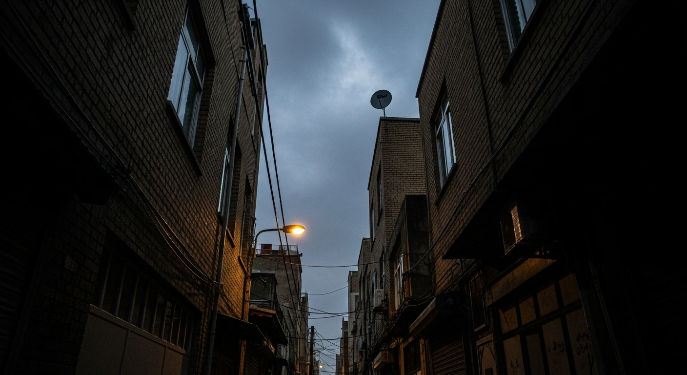 A small satellite dish is silhouetted against a twilight sky above a dark, rain-slicked alleyway in an Iranian city, representing the potential for France to transfer Eutelsat terminals to restore internet access during a communications blackout amidst protests.