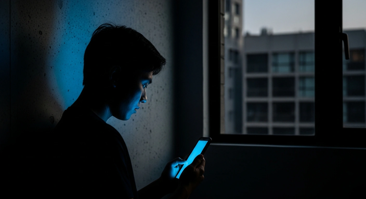 A person sits in a dimly lit room looking at a smartphone screen, representing the challenges of internet filtering and rising service costs in Iran.