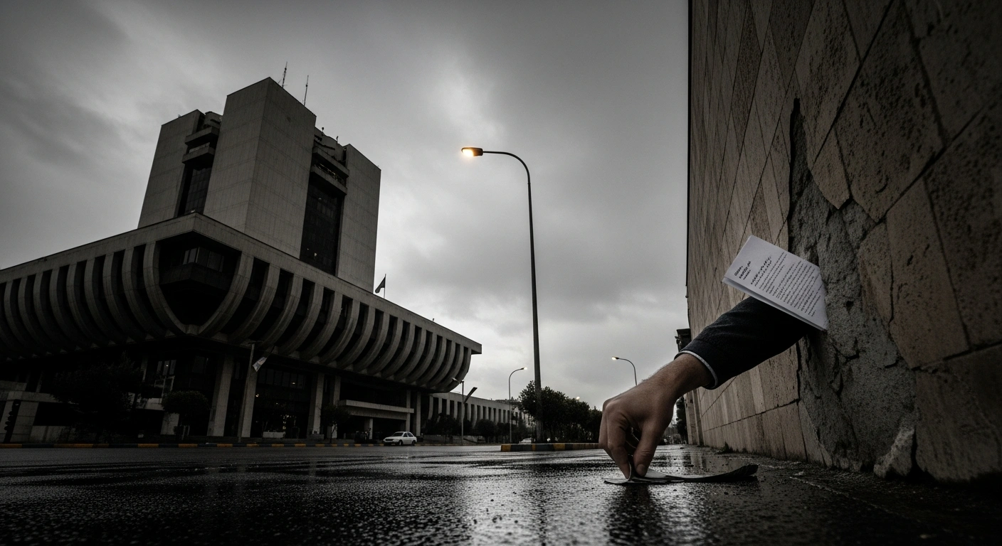 A low-angle, wide shot depicts a brutalist government building in Tehran at twilight, with a flickering streetlamp illuminating a deserted, rain-slicked street, as a hand slips a document into a crumbling wall, symbolizing internal dissent amidst Iran's internet shutdown and economic pressures.