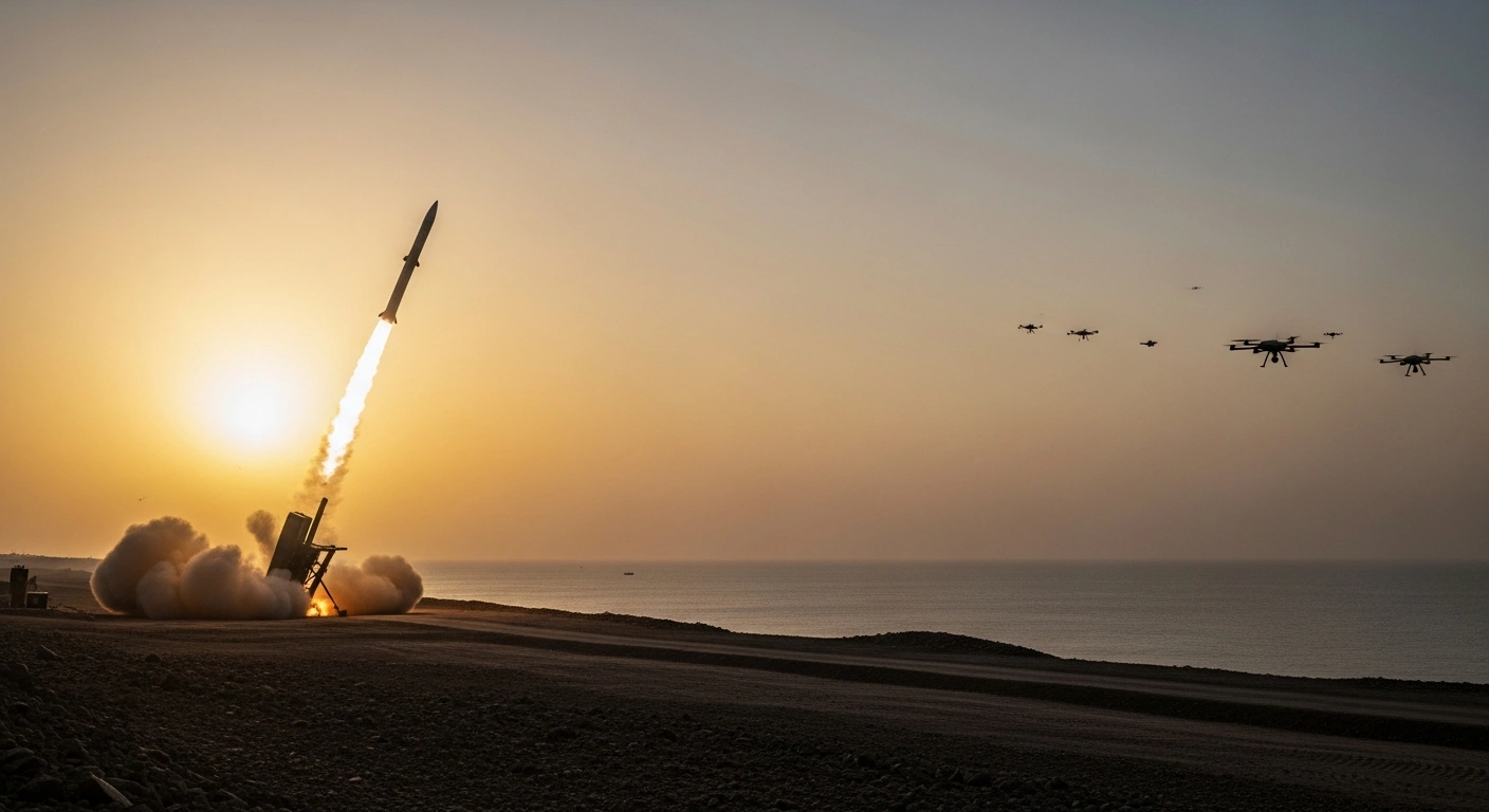 A long-range missile launches from a rugged, arid coastline in southern Iran towards the Persian Gulf, with military drones flying overhead during a hybrid exercise conducted by Iran's Islamic Revolutionary Guard Corps.