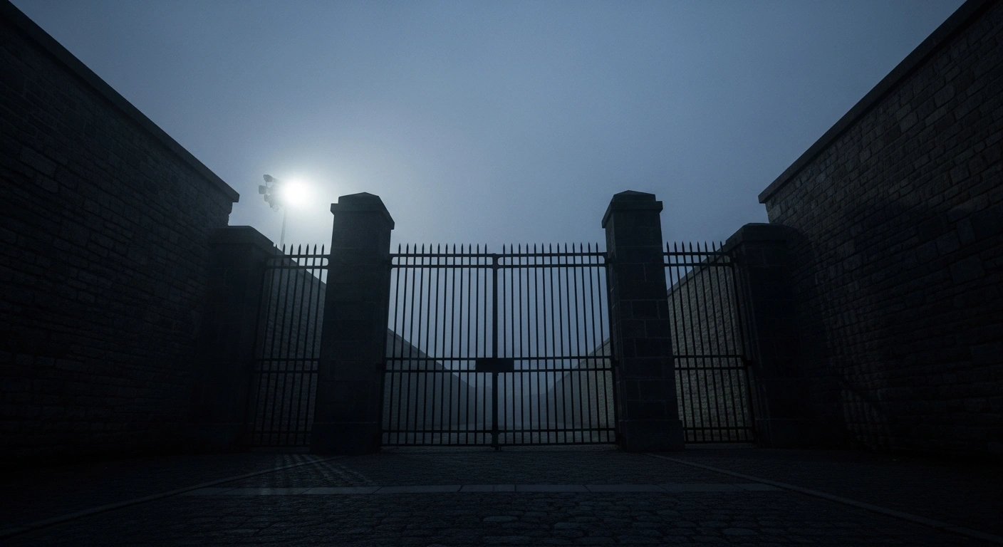 A somber view of a high-security prison gate representing the execution of two individuals convicted of spying for Israel in Iran.