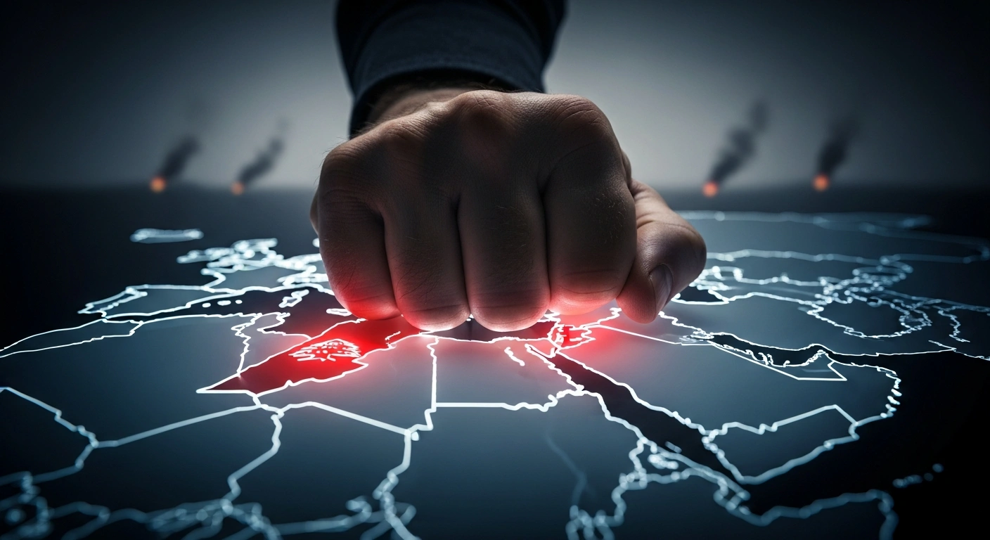 A low-angle shot shows a weathered hand pressing firmly on a glowing holographic map of the Middle East, highlighting Lebanon and Iran with red light, against a blurred background of distant smoke plumes, symbolizing Iran's condemnation of Israeli aggression against Lebanon and holding the US responsible for strikes on Iran.