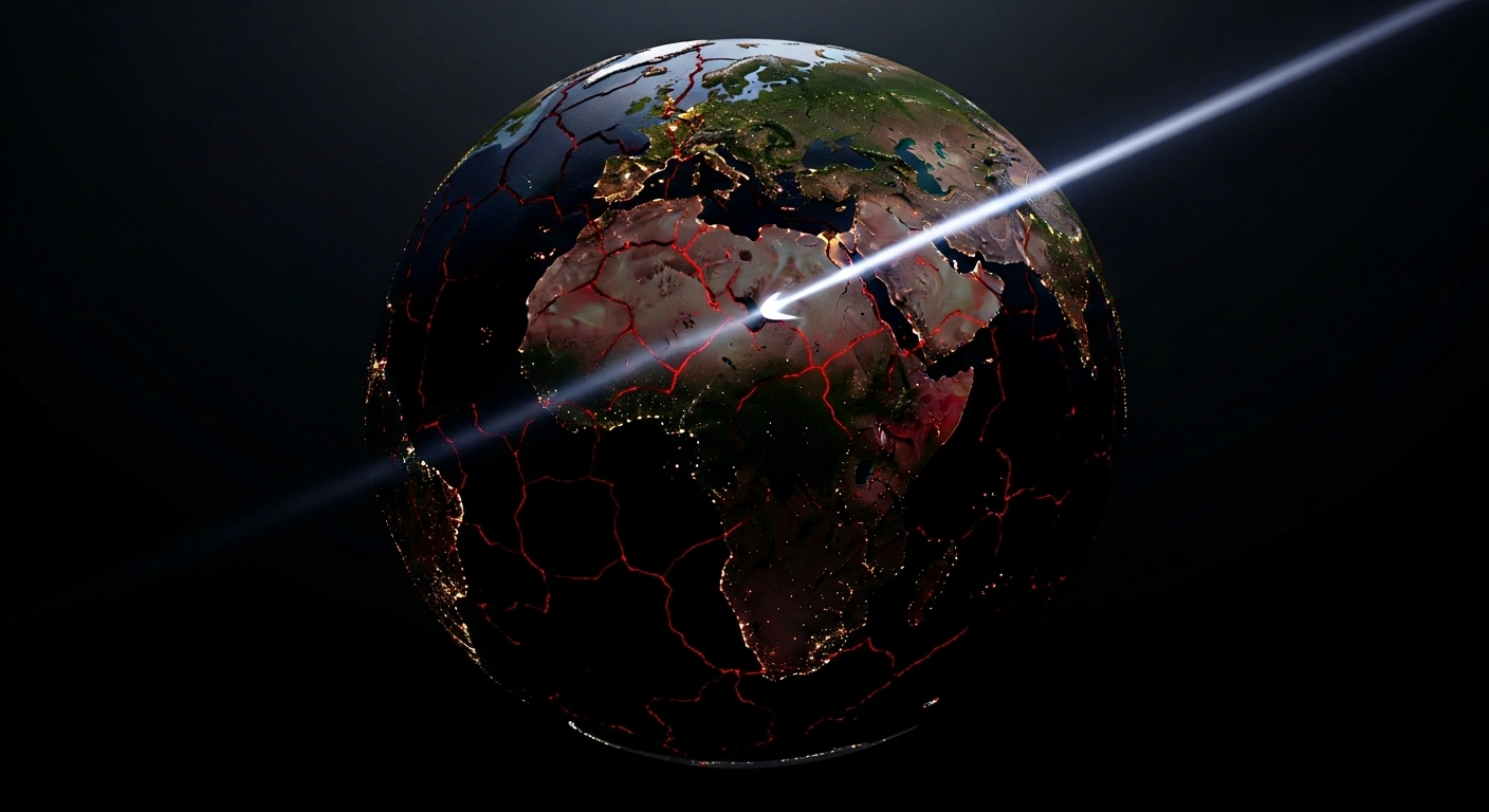 A dramatically lit, fractured globe with glowing red fissures and a cold light illuminating the Horn of Africa, representing the condemnation by Iran and 20 Muslim countries of Israel's recognition of Somaliland as an independent state, which they view as a threat to regional peace and a violation of international law and Somalia's sovereignty.