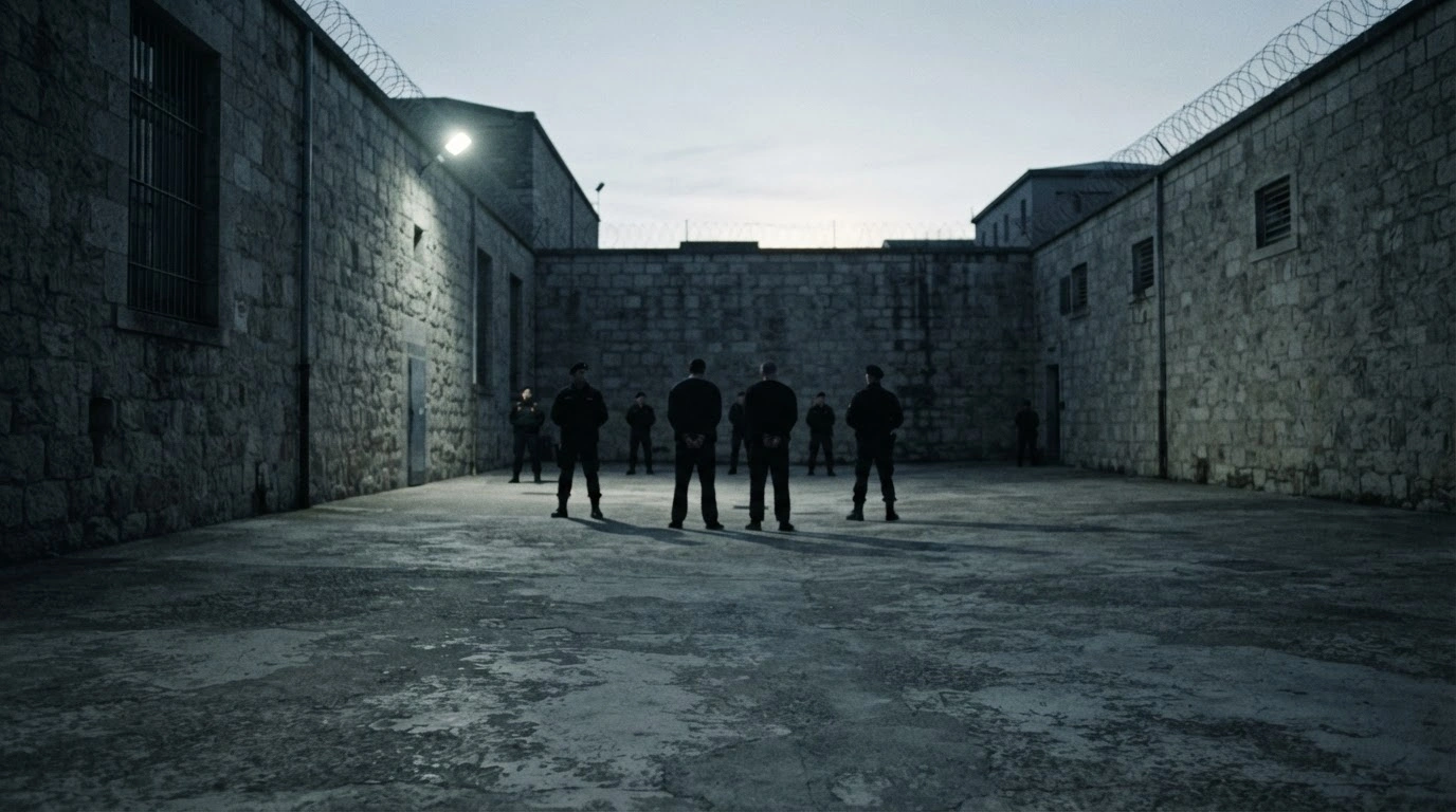 A somber view of a stone prison courtyard representing the site where Iranian authorities executed Ali Hemmati and Majid Nik-Andish following their convictions related to civil unrest in Mashhad.