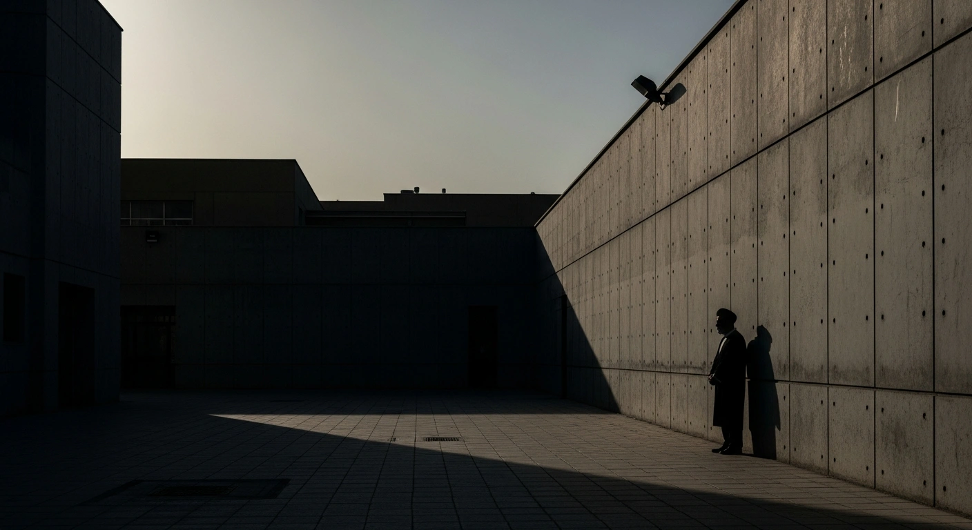 A somber scene depicts a desolate industrial courtyard in Karaj following the execution of political activist Mehdi Khanaki by the Iranian judiciary.