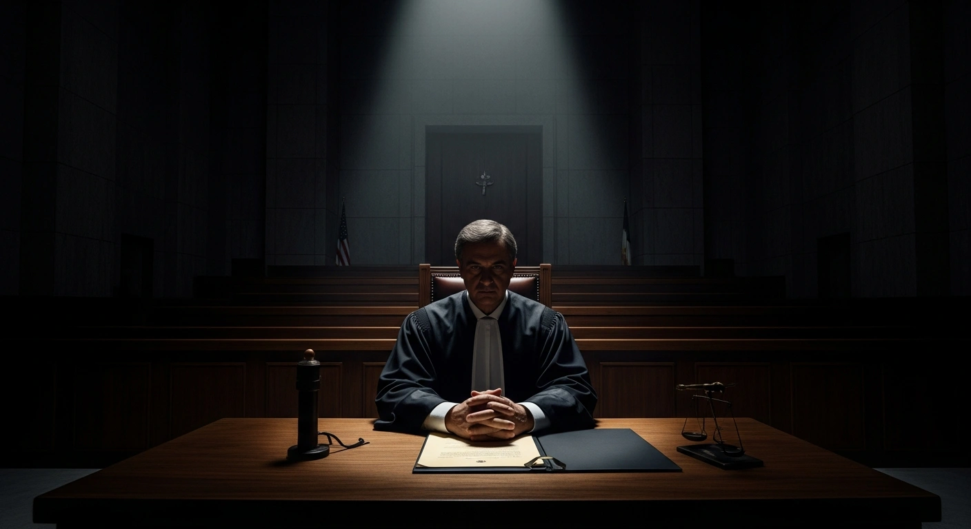 A stark, high-contrast image of a dimly lit, brutalist courtroom in Iran, focusing on the stern, clasped hands of a robed judicial figure over a legal document, symbolizing Iran's judiciary head signaling rapid trials and executions for protestors despite international warnings.