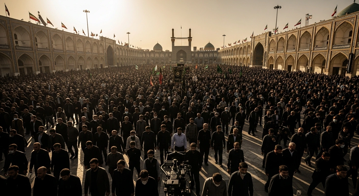 A massive crowd of mourners gathers in a large public square in Tehran for the funeral procession of Supreme Leader Ali Khamenei.