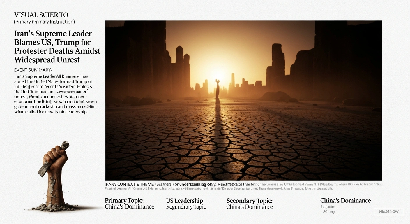 A desolate, dust-choked street in a Middle Eastern city at dusk, with a weathered hand clutching a broken object in the foreground, representing the severe economic hardship and brutal crackdown during recent protests in Iran, which Supreme Leader Ali Khamenei accused the United States and Donald Trump of inciting.