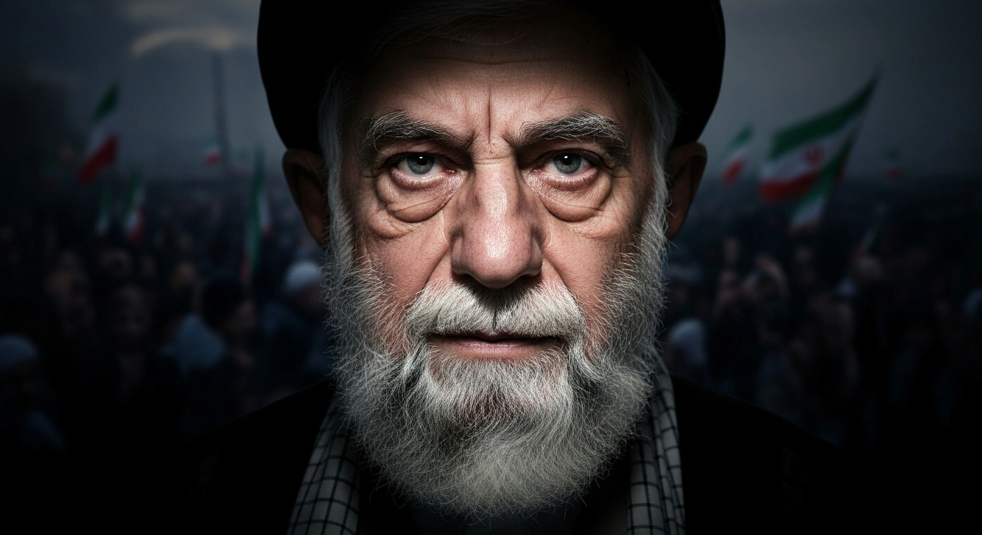 A dramatically lit, stern-faced leader, symbolizing Iran's Supreme Leader Ali Khamenei, is depicted with a blurred, restless crowd in the background, representing the ongoing anti-government protests and economic hardship, as he accuses the United States and Donald Trump of incitement.