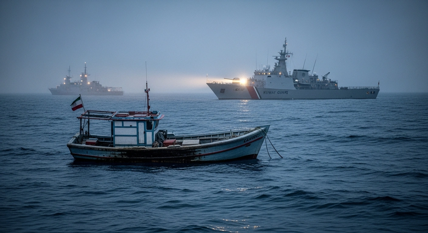 A Kuwaiti coast guard vessel approaches an Iranian fishing boat in the Persian Gulf following an alleged attack and detention of crew members.