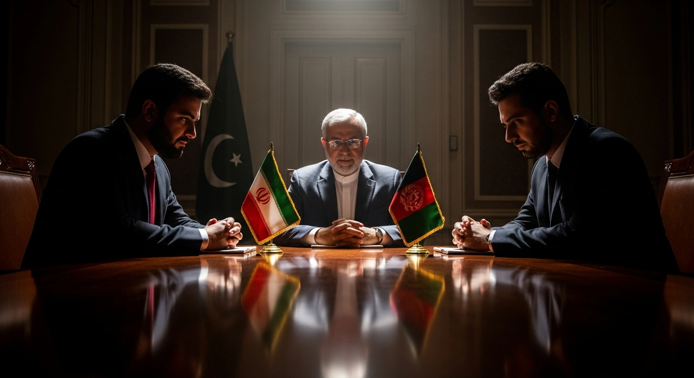 Three diplomatic figures, representing Iran, Pakistan, and Afghanistan, are seated at a dark wood table in an ornate, dimly lit room, with the central figure illuminated by a warm glow, symbolizing Iran's mediation efforts to foster dialogue and peaceful resolution between the two nations.