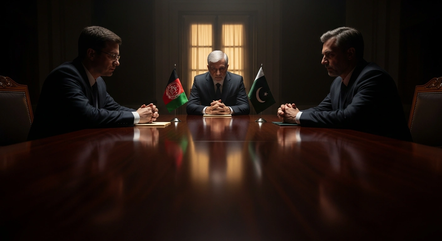 A formal meeting room where a figure representing Iran, acting as a mediator, sits between two figures representing the Taliban administration in Afghanistan and Pakistan, symbolizing Iran's offer to de-escalate tensions and foster regional stability.