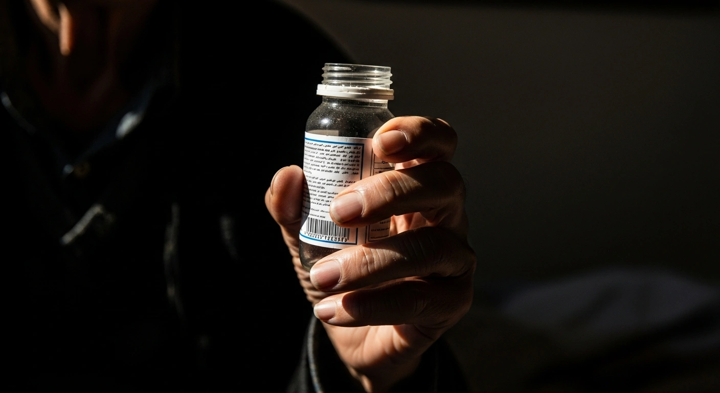 A close-up photograph captures the wrinkled hand of an elderly Iranian patient tightly clutching an empty, generic medicine bottle, symbolizing the critical shortages of life-saving medications in Iran due to international sanctions and banking restrictions.