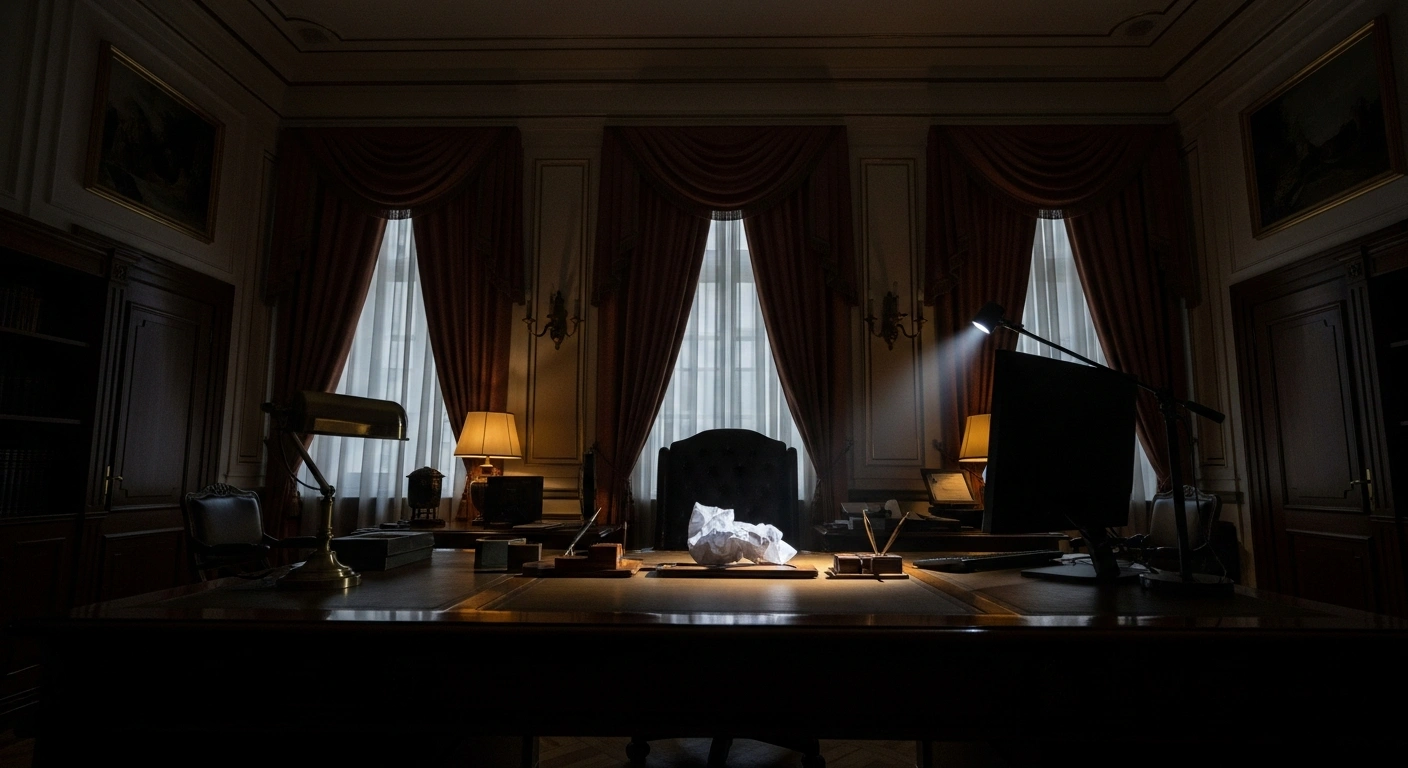 A dimly lit, ornate embassy office features a crumpled document on a large, antique desk, symbolizing a thwarted assassination plot against Israel's ambassador to Mexico, allegedly orchestrated by Iran and denied by Iranian and Mexican authorities.