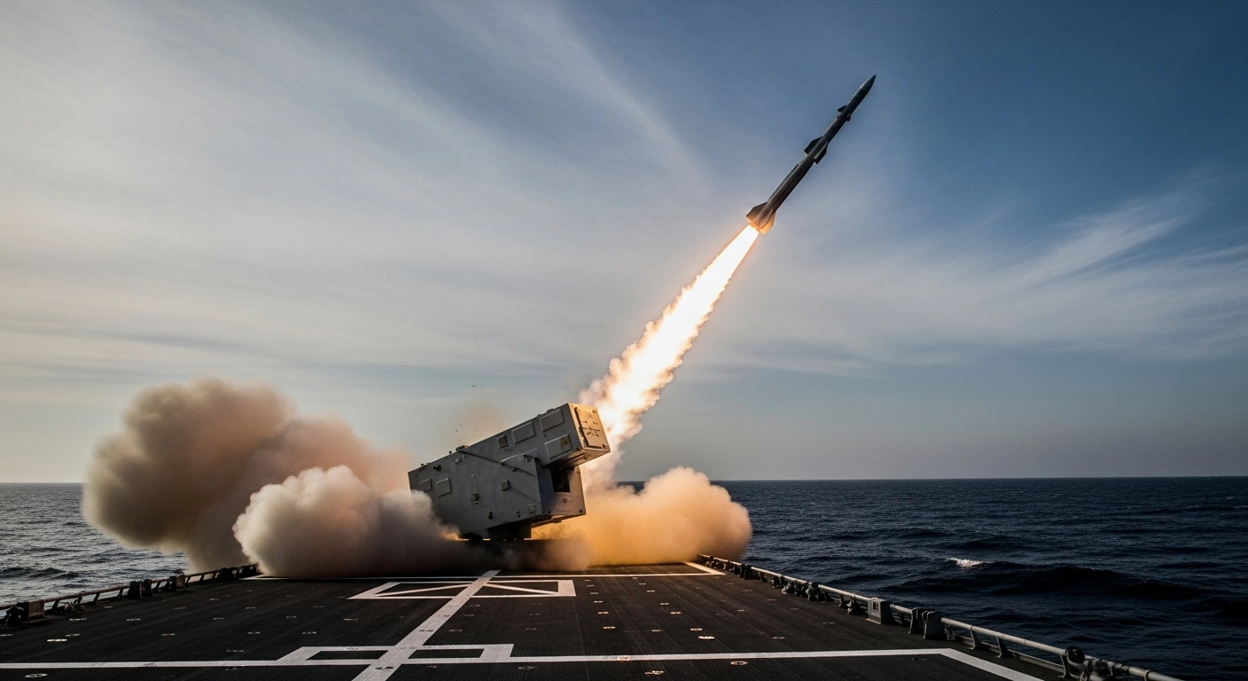 An Iranian naval vessel launches a missile at dusk over the Persian Gulf during a military exercise focusing on interception capabilities.