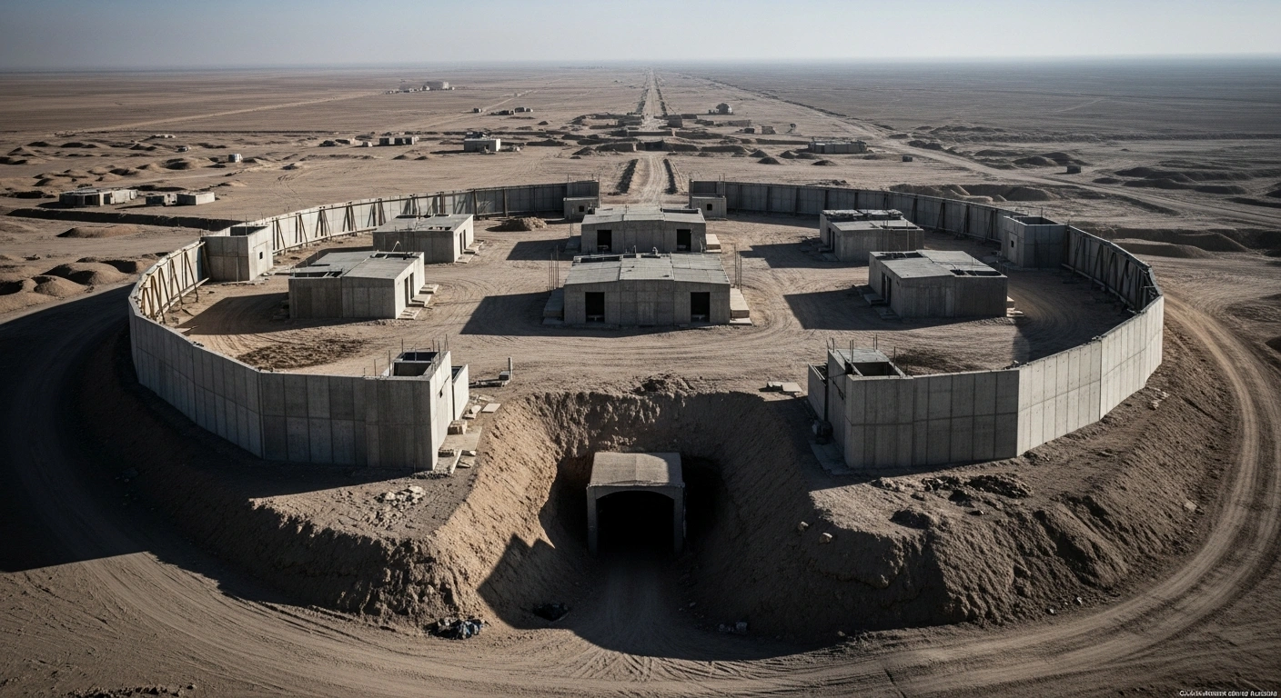 A high-angle satellite image captures a sprawling Iranian military and nuclear facility, featuring newly constructed concrete shielding and a partially buried tunnel entrance, illustrating ongoing fortification efforts at sites like Parchin, Isfahan, and Natanz amidst heightened international tensions.