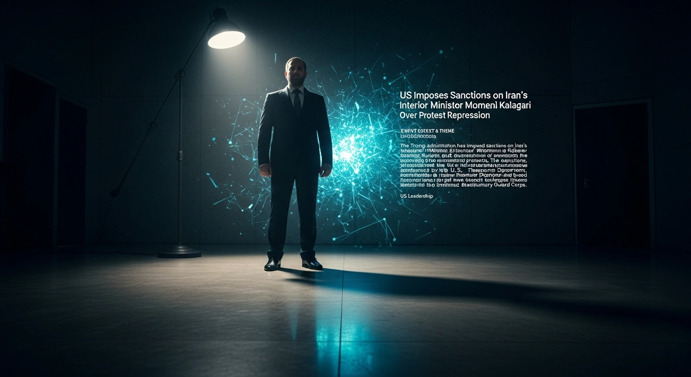 A powerful, imposing figure, representing Iran's Interior Minister Eskandar Momeni Kalagari, stands in a dimly lit, austere room with long, dramatic shadows, while a subtle, fragmented digital glow behind him symbolizes the U.S. sanctions imposed by the Trump administration for violent protest repression, also targeting an Iranian financier and digital asset exchanges linked to the Islamic Revolutionary Guard Corps.