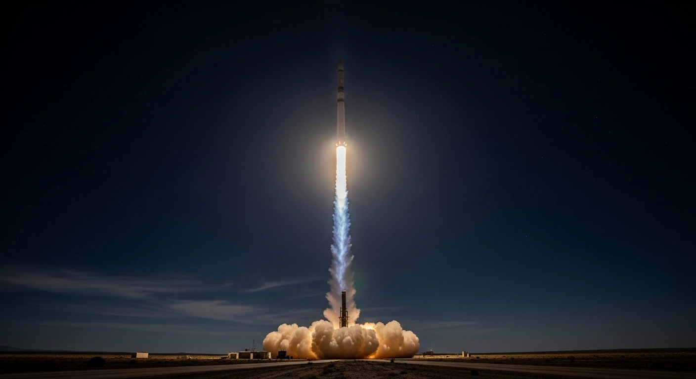 A long-range ballistic missile launching at night, its fiery exhaust illuminating a desolate landscape, symbolizing Iran's threat of immediate and decisive missile retaliation against Israel.